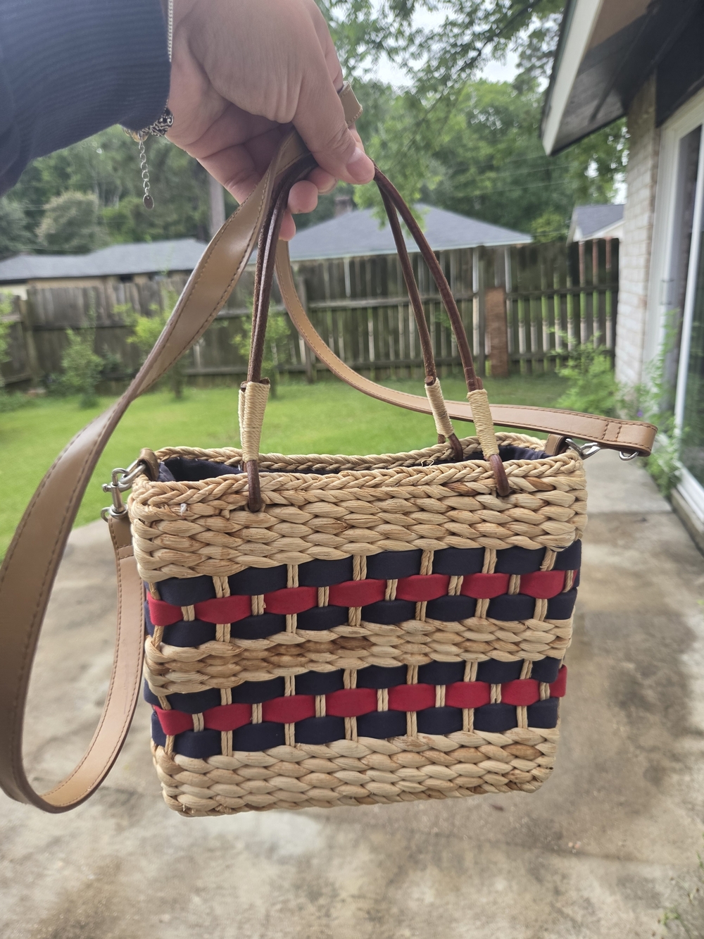 Woven Straw Crossbody Bag with Navy & Red Accents